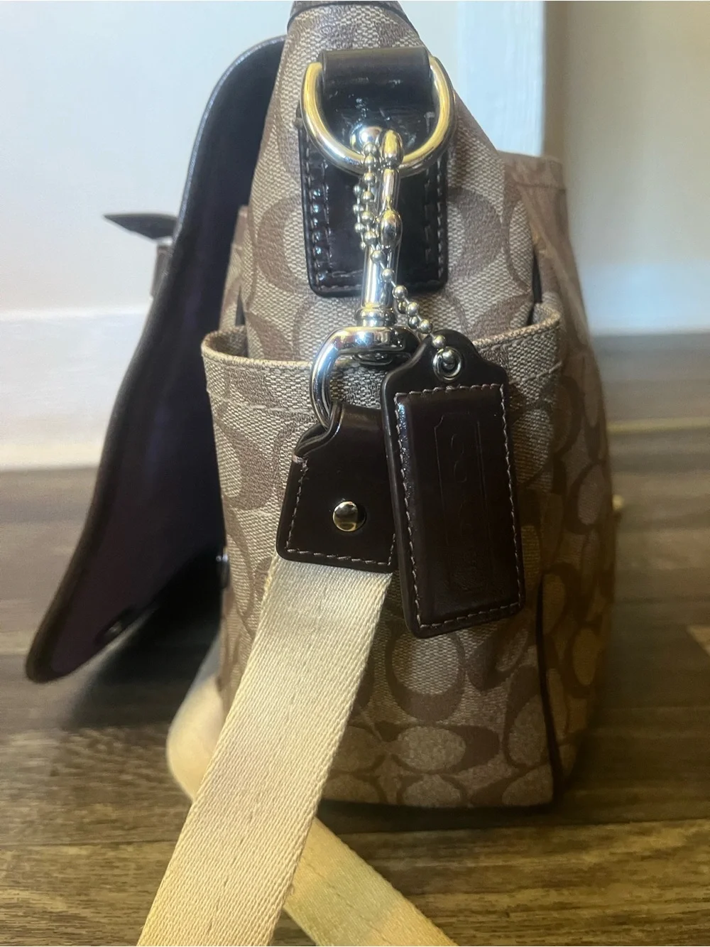 Coach Brown Signature Canvas Shoulder Bag with Tan Strap